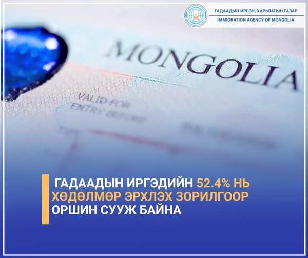 Гадаадын иргэдийн 52.4% нь хөдөлмөр эрхлэх зорилгоор оршин сууж байна